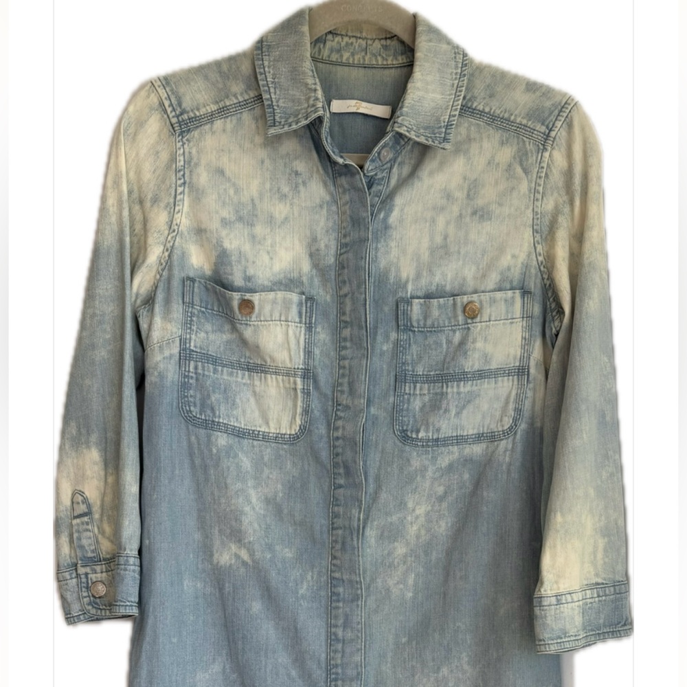 7 For All Mankind Denim Shirtdress XS Light Blue Acid Wash Raw Hem Western - Picture 8 of 12